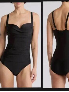 NWT Betsey Johnson Sz L Women One Piece Bandeau Swimsuit Black with Ruching-$128
